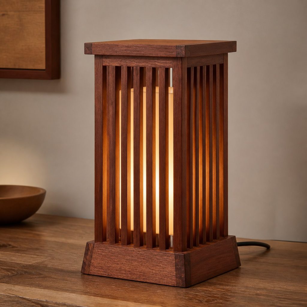 Sapele Slatted Lantern Lamp shown as an original square photorealistic sapele wood lamp with authentic grain, warm diffused light, and a short dark power cord