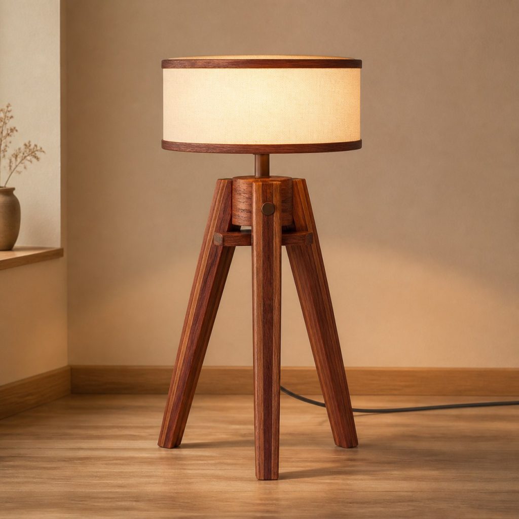 Sapele Tripod Reading Lamp shown as an original square photorealistic sapele wood lamp with authentic grain, warm diffused light, and a short dark power cord