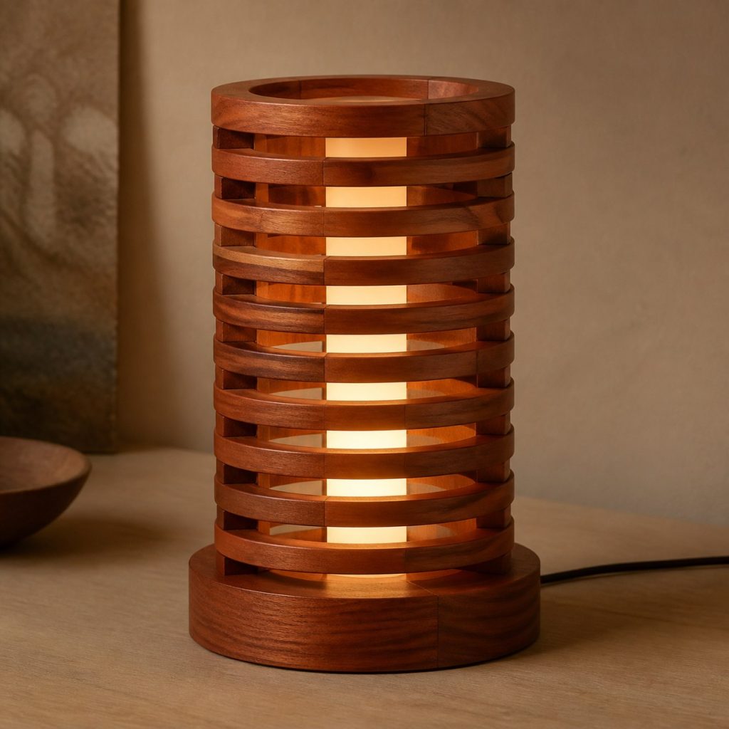Sapele Stacked Ring Lamp shown as an original square photorealistic sapele wood lamp with authentic grain, warm diffused light, and a short dark power cord