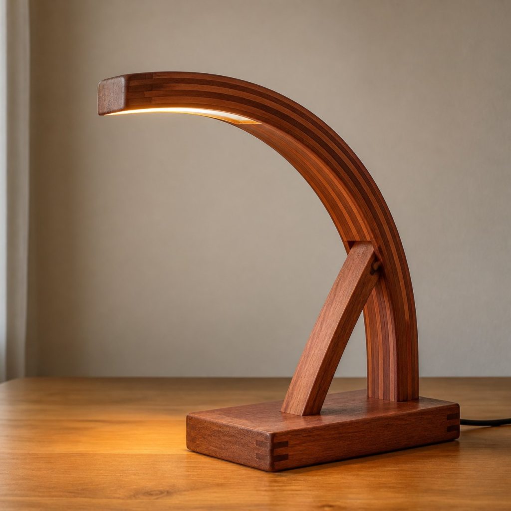Sapele Laminated Arch Lamp shown as an original square photorealistic sapele wood lamp with authentic grain, warm diffused light, and a short dark power cord