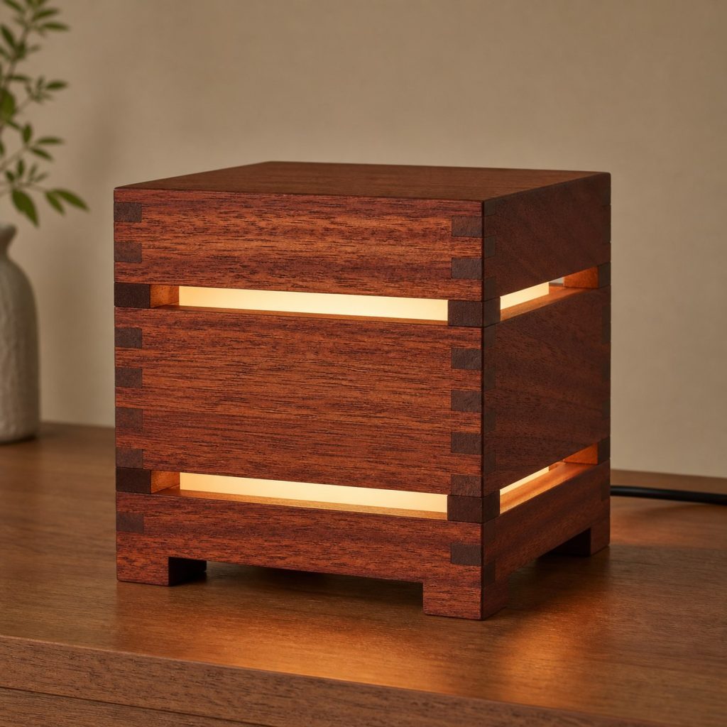 Sapele Box-Jointed Cube Lamp shown as an original square photorealistic sapele wood lamp with authentic grain, warm diffused light, and a short dark power cord
