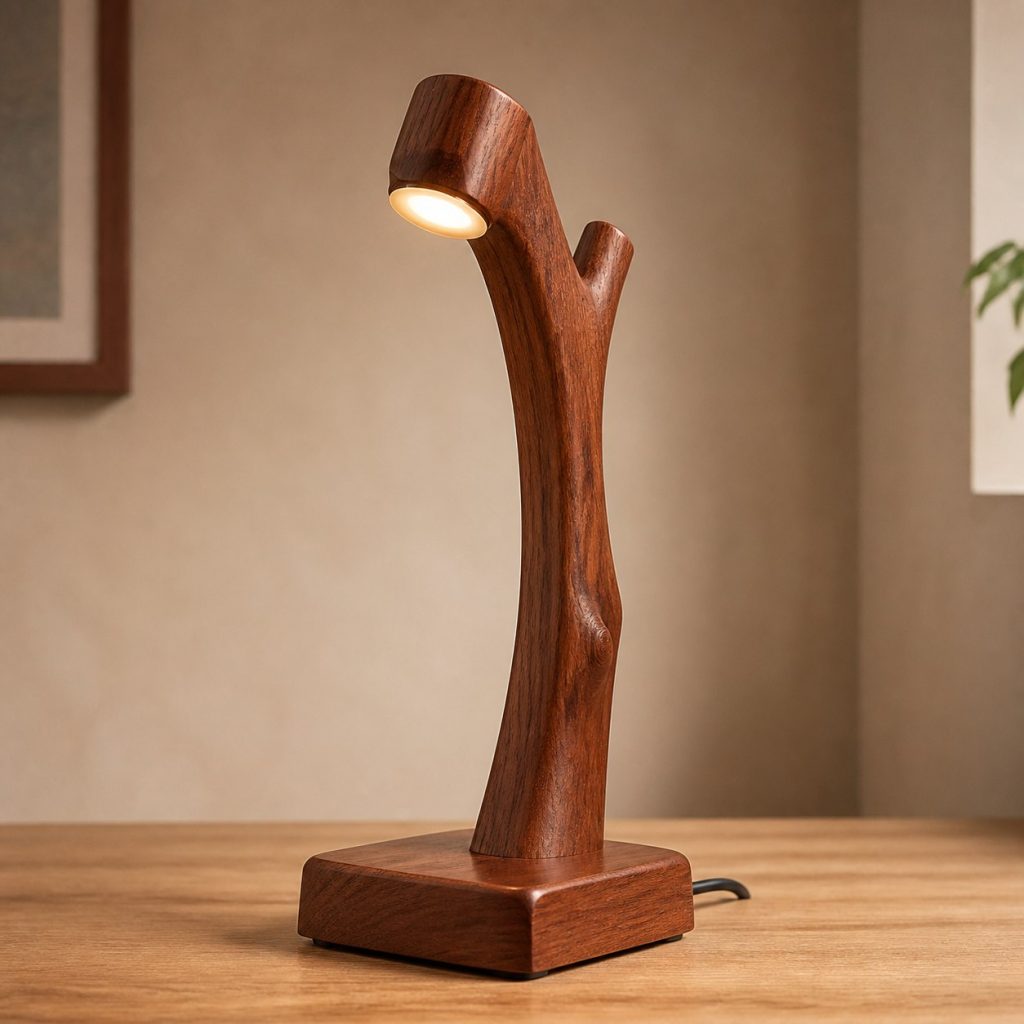 Sapele Branch Reading Lamp shown as an original square photorealistic sapele wood lamp with authentic grain, warm diffused light, and a short dark power cord