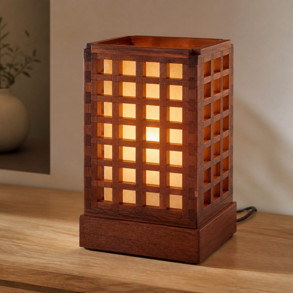 Sapele Lattice Lamp shown as an original square photorealistic sapele wood lamp with authentic grain, warm diffused light, and a short dark power cord