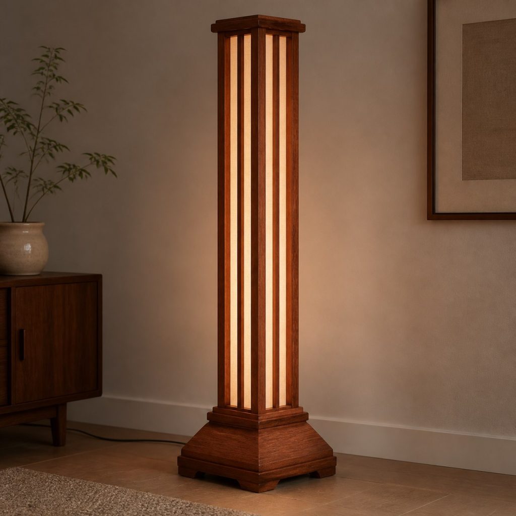 Sapele Column Floor Lamp shown as an original square photorealistic sapele wood lamp with authentic grain, warm diffused light, and a short dark power cord