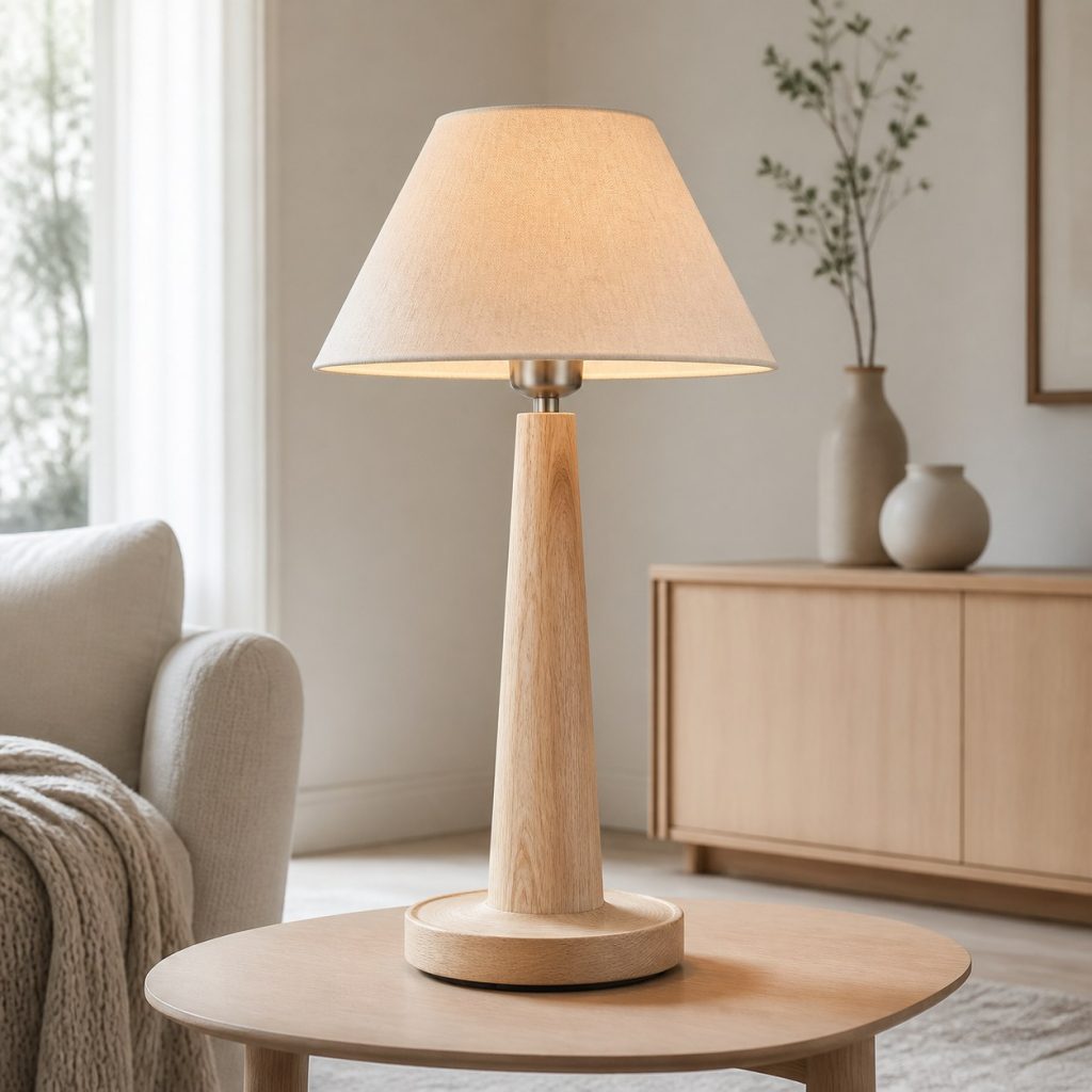 Pale-Ash Cone Lamp shown as a square photorealistic original Scandinavian wooden lamp with warm LED light, visible real wood grain, and physically plausible support
