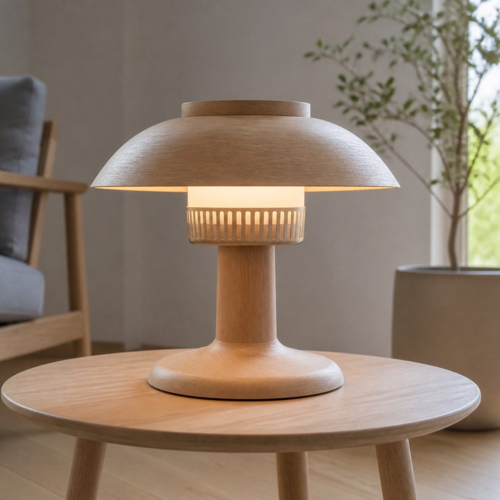 Beech Tripod Dome Lamp shown as a square photorealistic original Scandinavian wooden lamp with warm LED light, visible real wood grain, and physically plausible support
