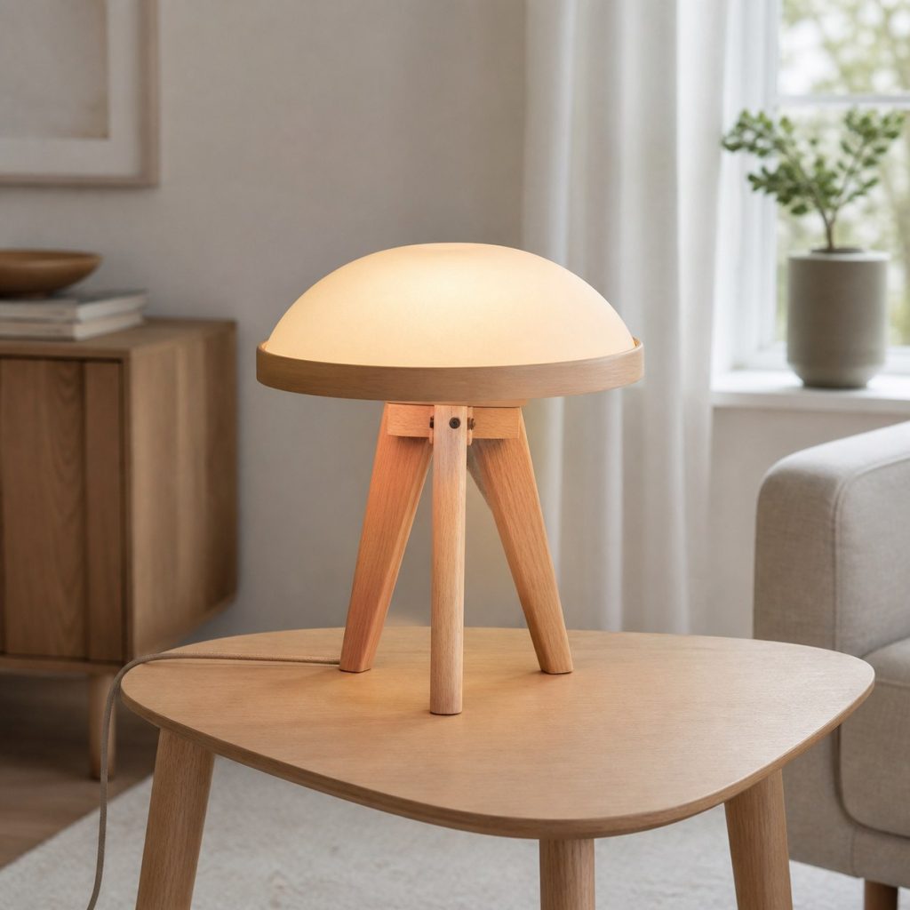 White-Oak Mushroom Lamp shown as a square photorealistic original Scandinavian wooden lamp with warm LED light, visible real wood grain, and physically plausible support