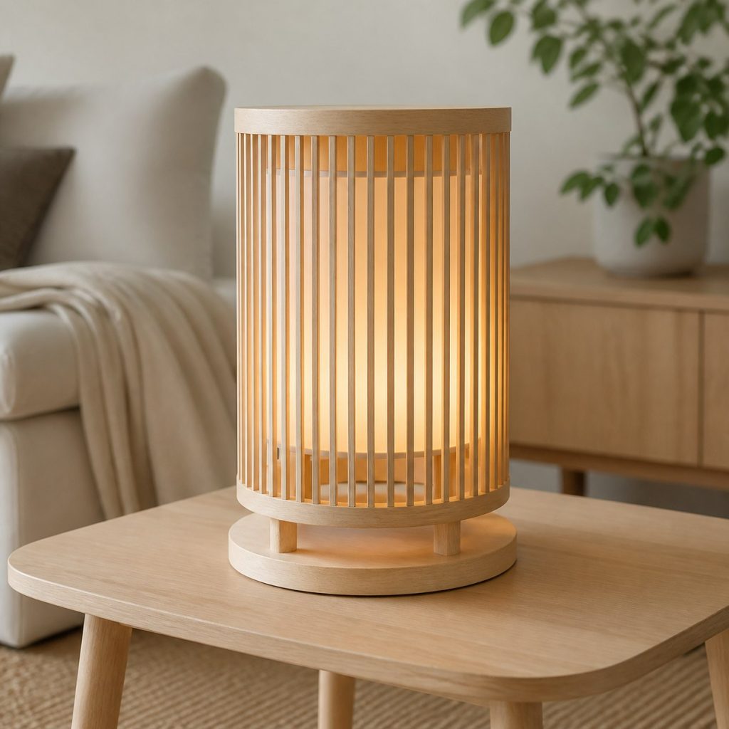 Birch Slat Cylinder Lamp shown as a square photorealistic original Scandinavian wooden lamp with warm LED light, visible real wood grain, and physically plausible support