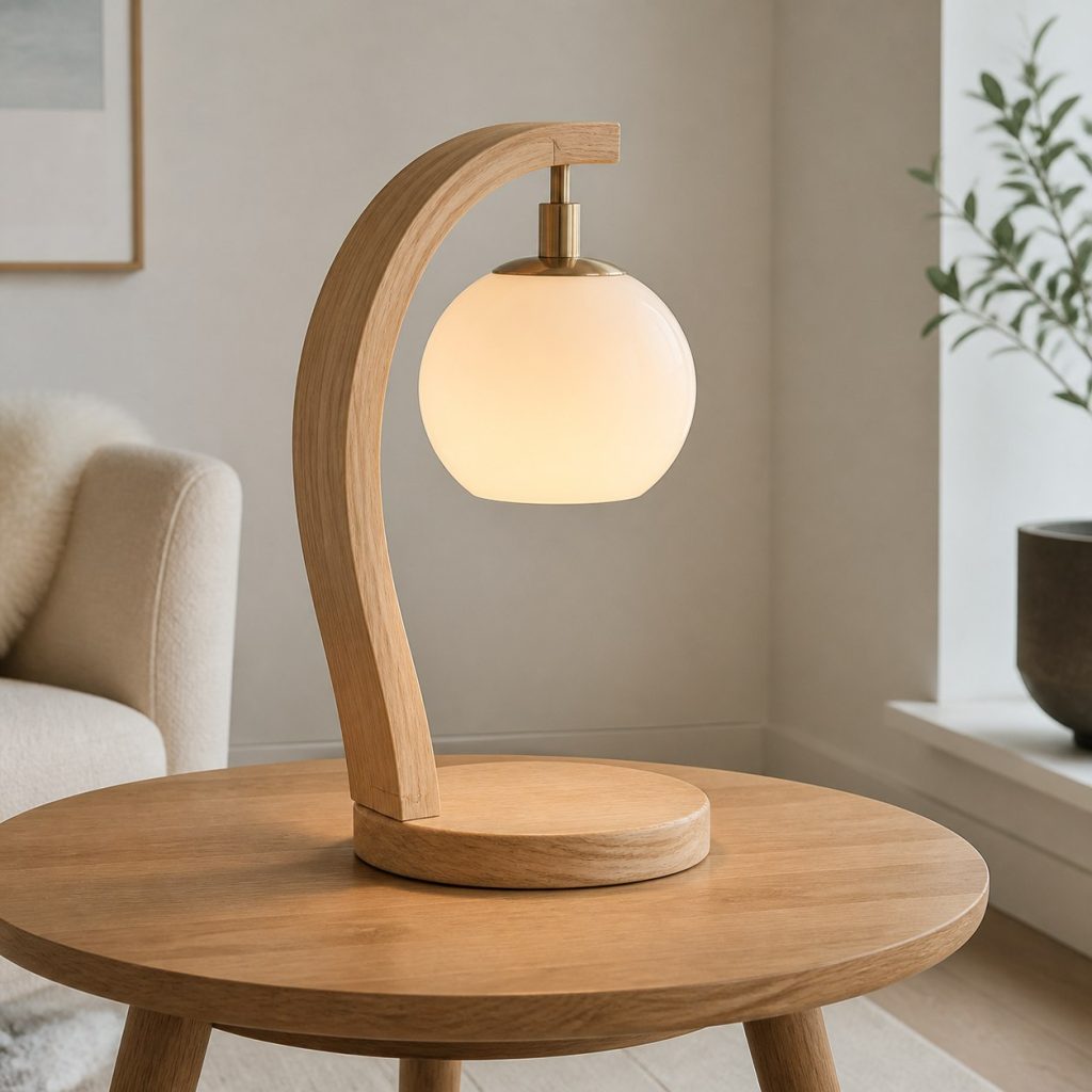 Ash Arc Globe Lamp shown as a square photorealistic original Scandinavian wooden lamp with warm LED light, visible real wood grain, and physically plausible support