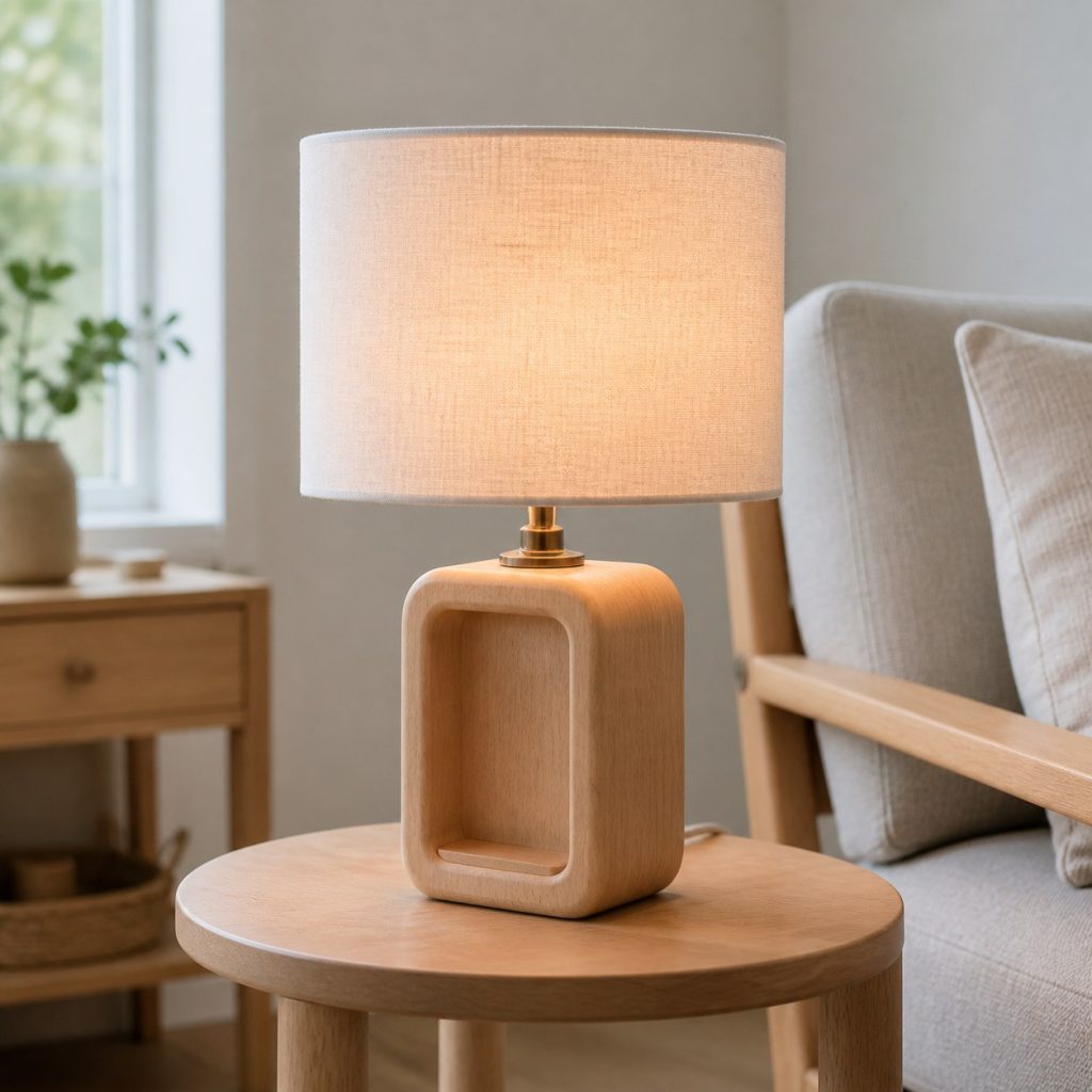 Beech Block and Linen Lamp shown as a square photorealistic original Scandinavian wooden lamp with warm LED light, visible real wood grain, and physically plausible support