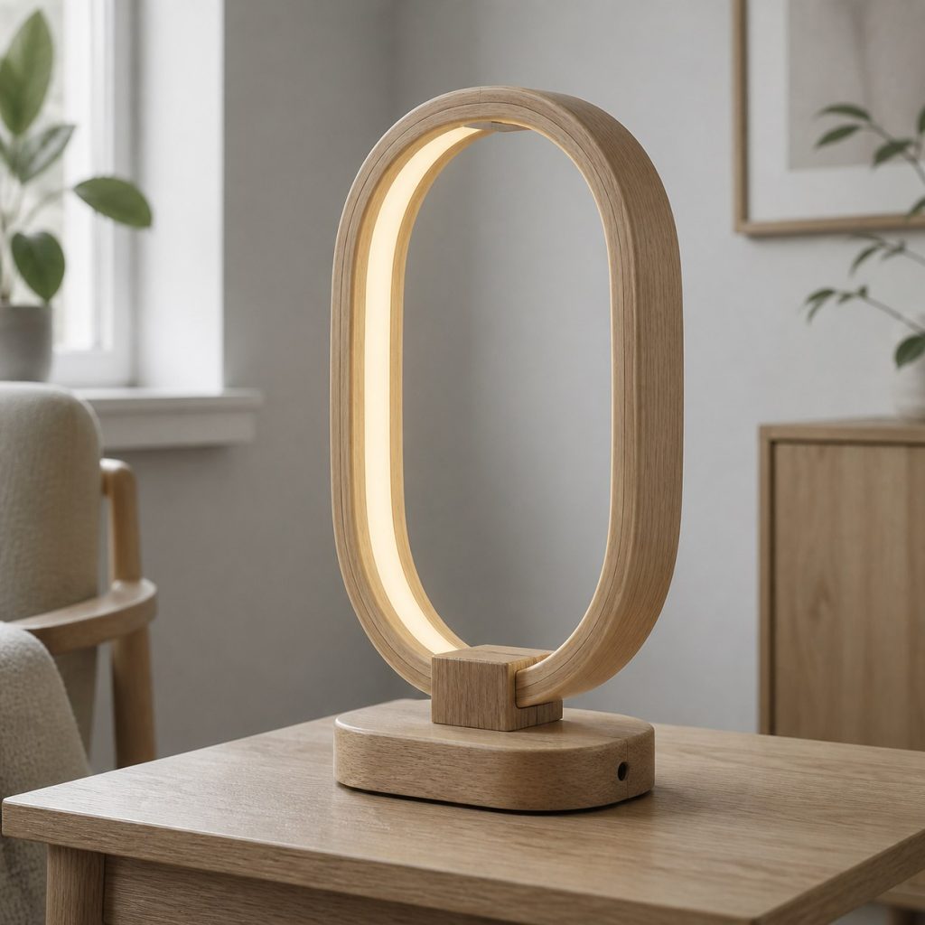 White-Oak Oval Ring Lamp shown as a square photorealistic original Scandinavian wooden lamp with warm LED light, visible real wood grain, and physically plausible support