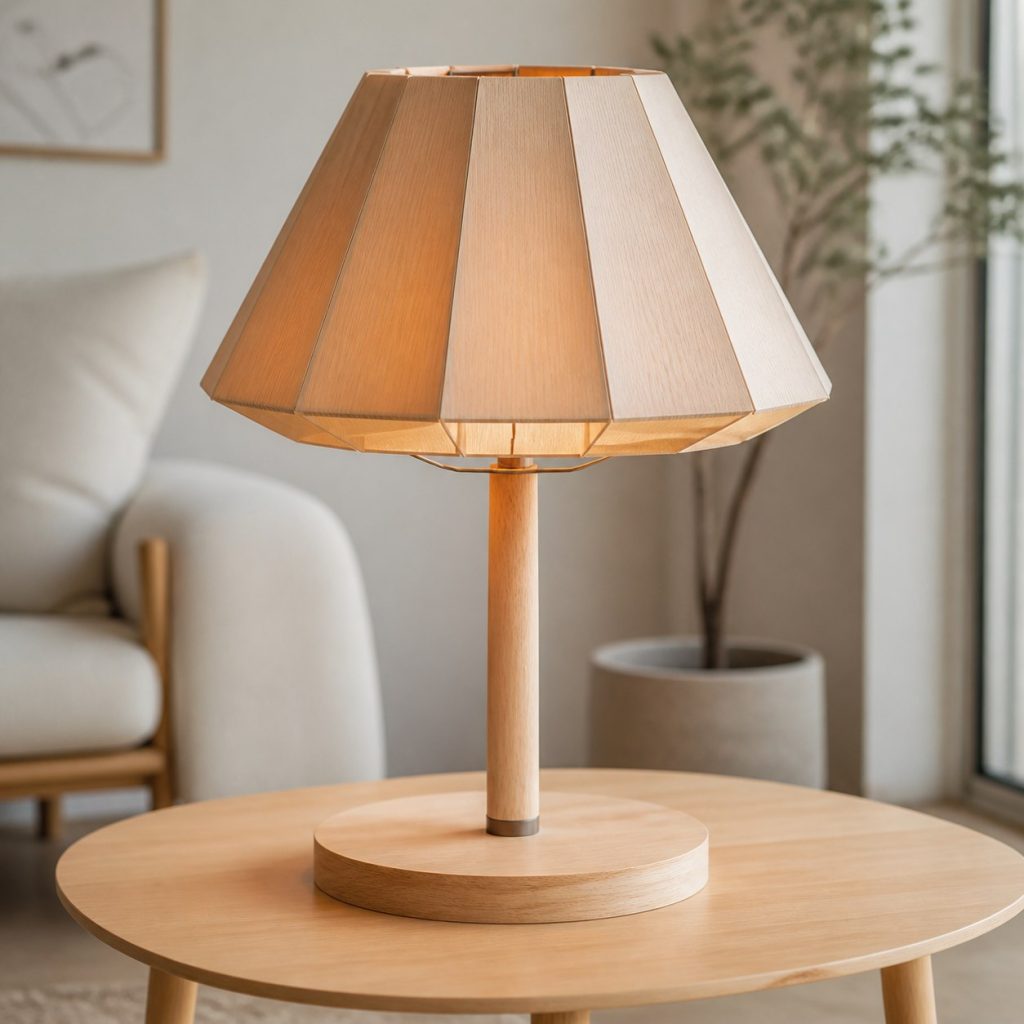Folded Birch Shade Lamp shown as a square photorealistic original Scandinavian wooden lamp with warm LED light, visible real wood grain, and physically plausible support