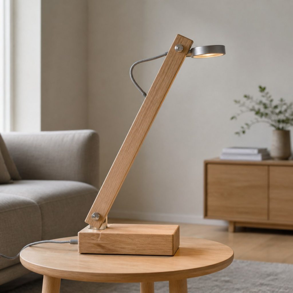 Pale-Oak Task Lamp shown as a square photorealistic original Scandinavian wooden lamp with warm LED light, visible real wood grain, and physically plausible support