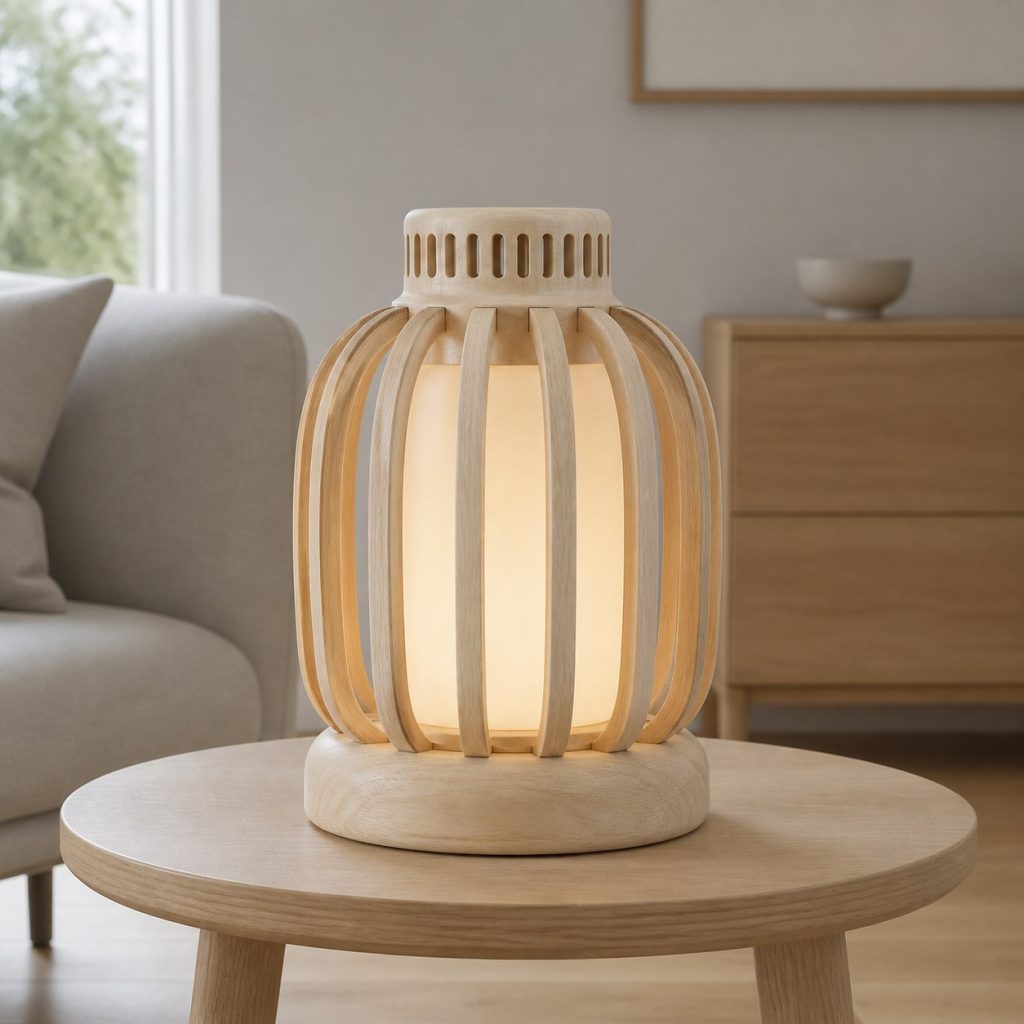 Ash Pebble Lantern shown as a square photorealistic original Scandinavian wooden lamp with warm LED light, visible real wood grain, and physically plausible support