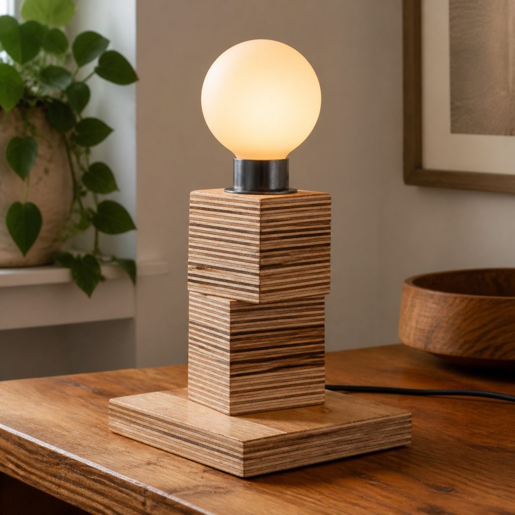 Stacked Plywood-Edge Lamp shown as a square photorealistic original scrap-wood table lamp with warm LED light and visible real wood grain