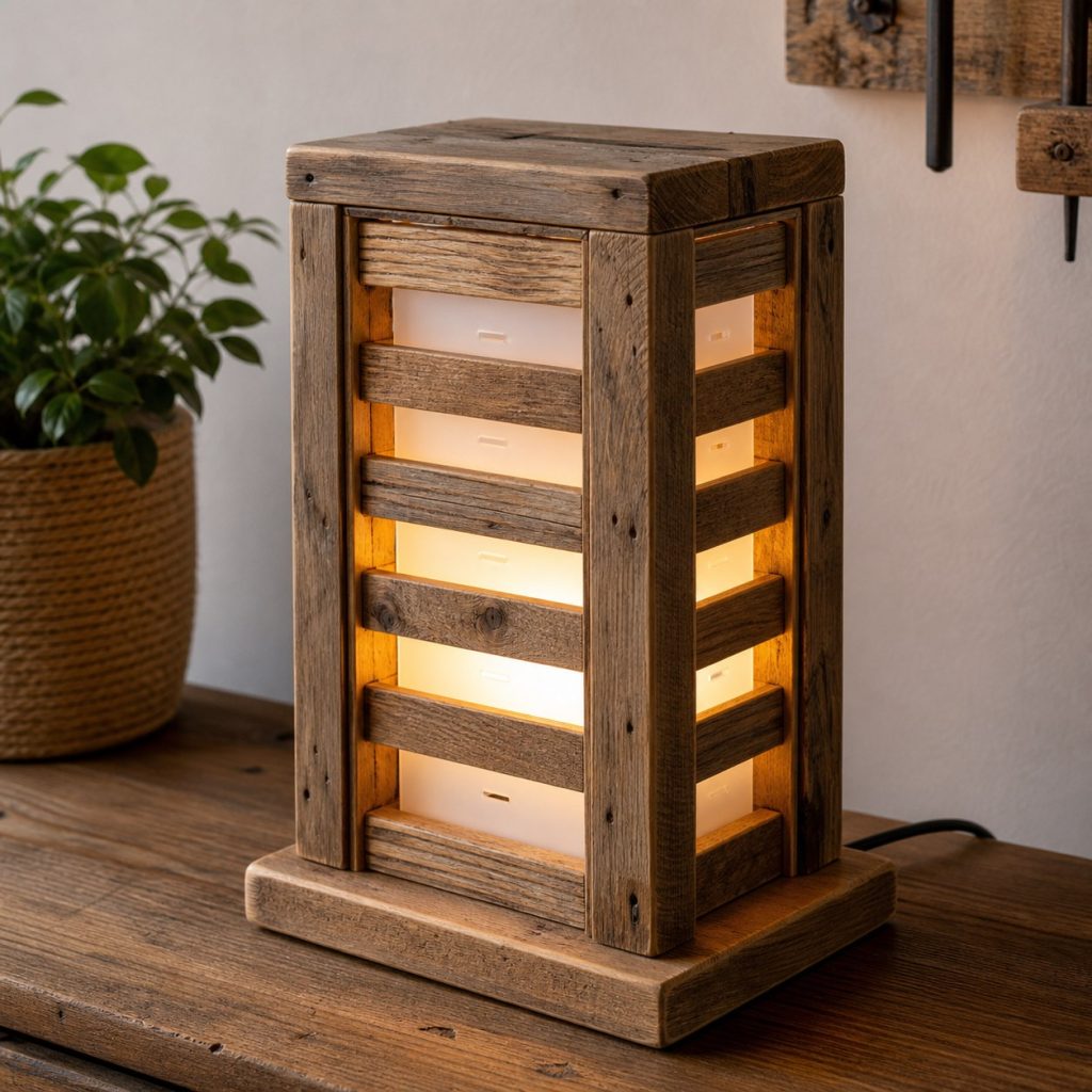 Reclaimed Slat Frame Lamp shown as a square photorealistic original scrap-wood table lamp with warm LED light and visible real wood grain