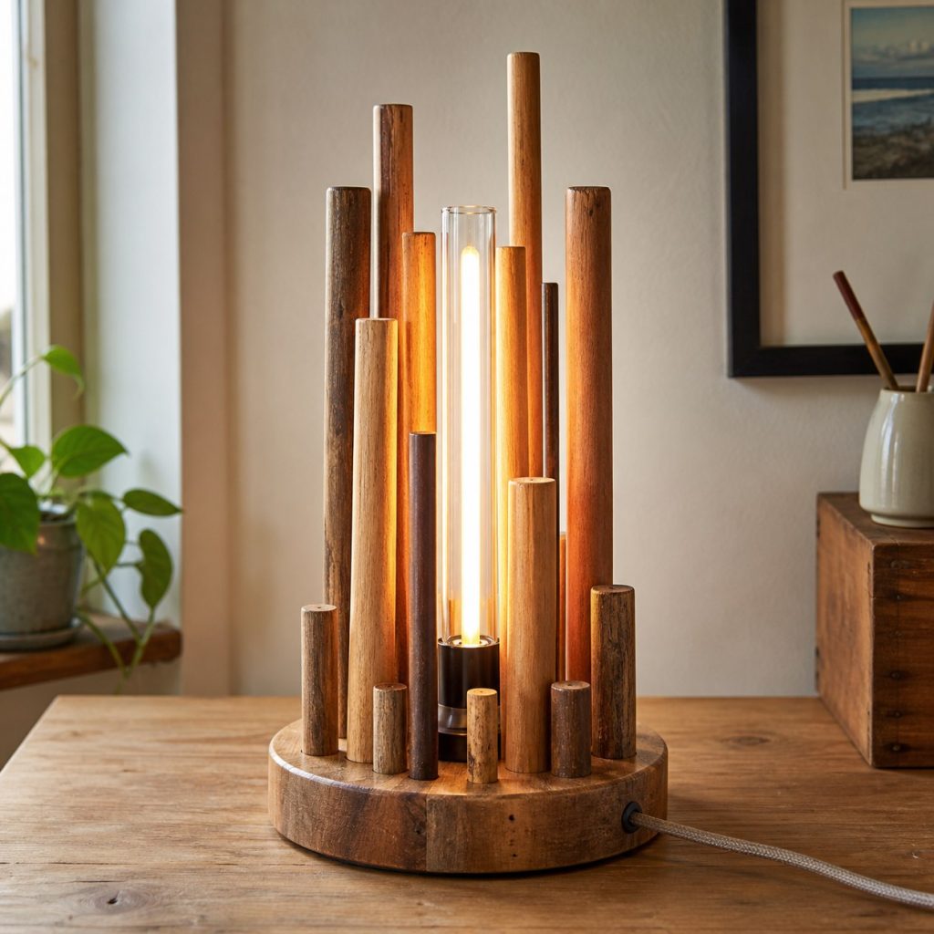 Hardwood Dowel Cluster Lamp shown as a square photorealistic original scrap-wood table lamp with warm LED light and visible real wood grain