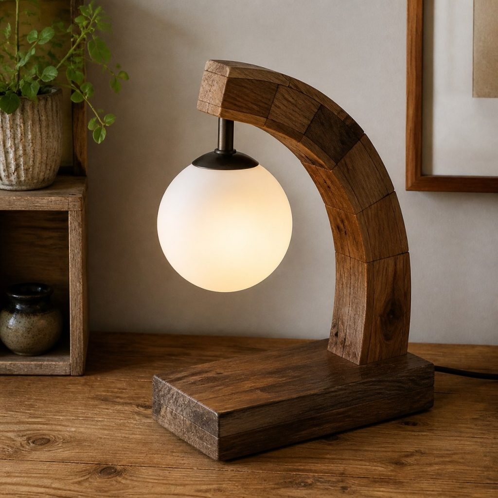 Joined-Offcut Arch Lamp shown as a square photorealistic original scrap-wood table lamp with warm LED light and visible real wood grain