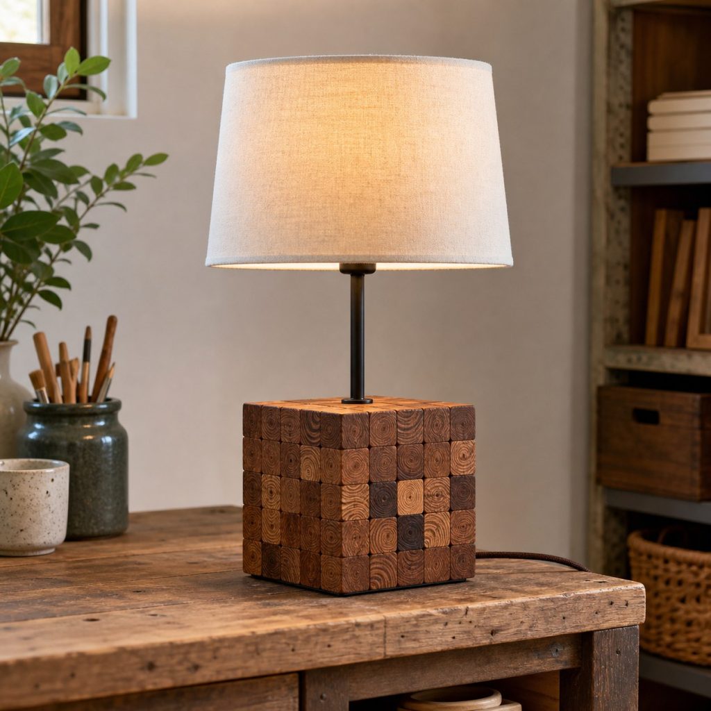 End-Grain Mosaic Base Lamp shown as a square photorealistic original scrap-wood table lamp with warm LED light and visible real wood grain