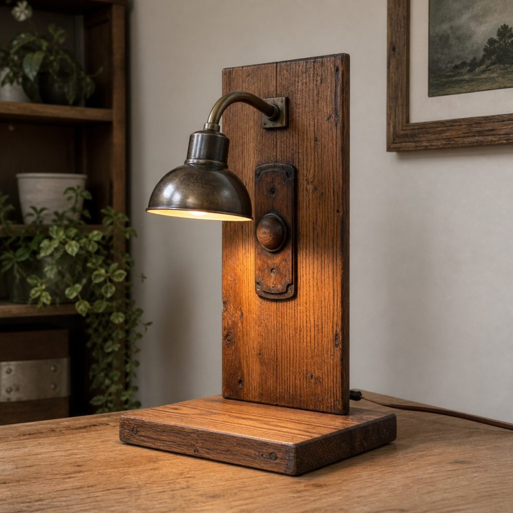 Reclaimed Drawer-Front Lamp shown as a square photorealistic original scrap-wood table lamp with warm LED light and visible real wood grain
