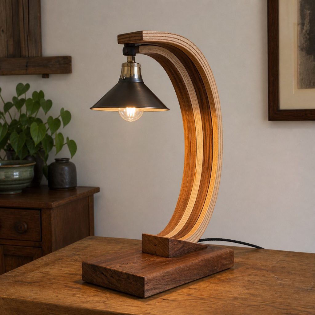 Thin-Strip Lamination Lamp shown as a square photorealistic original scrap-wood table lamp with warm LED light and visible real wood grain