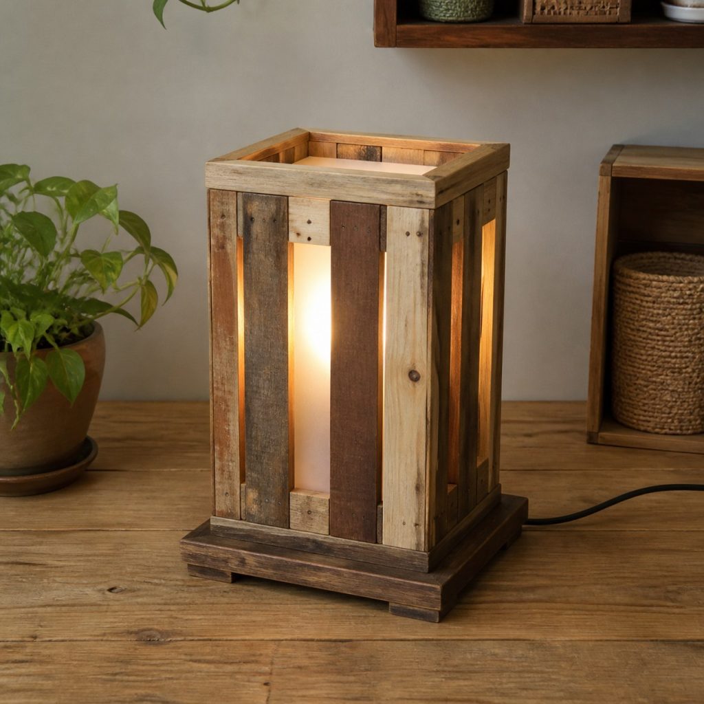 Mixed-Species Slat Lantern shown as a square photorealistic original scrap-wood table lamp with warm LED light and visible real wood grain