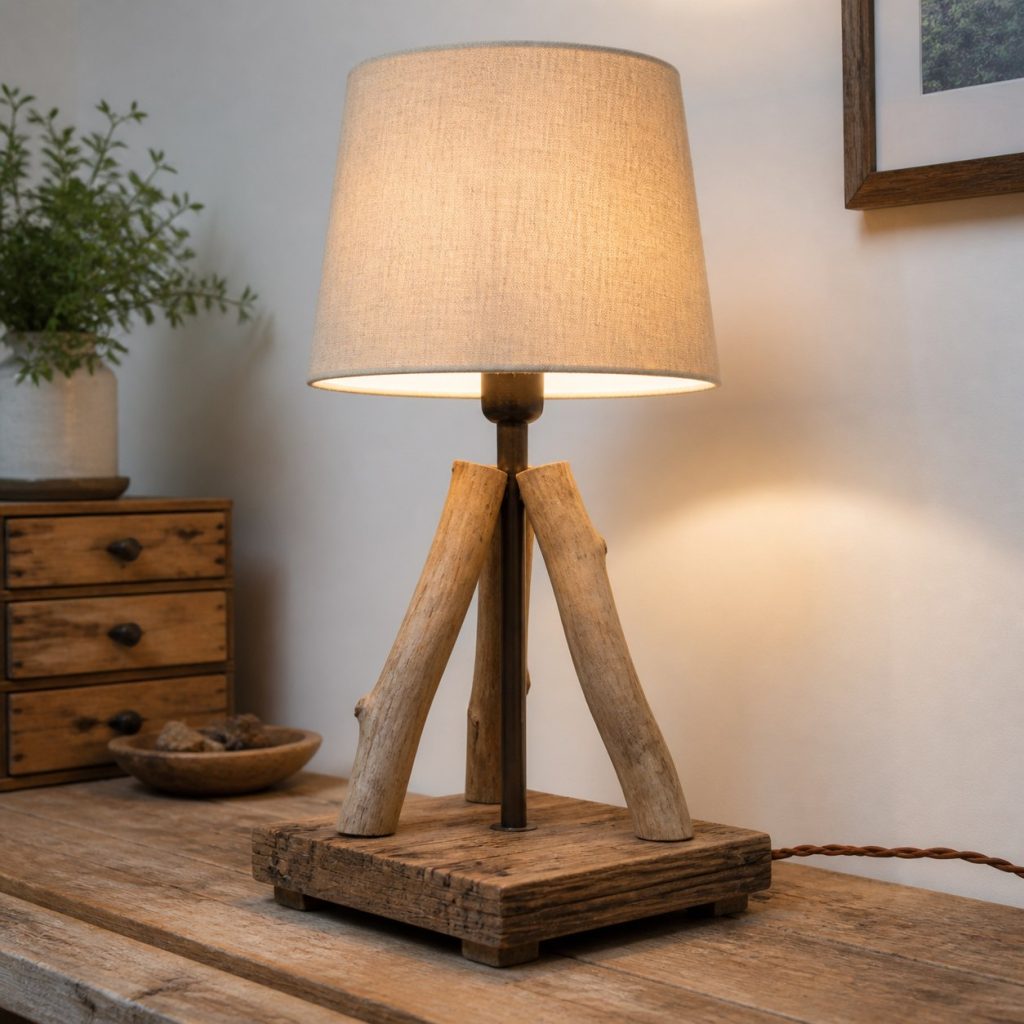 Branch-Offcut Tripod Lamp shown as a square photorealistic original scrap-wood table lamp with warm LED light and visible real wood grain