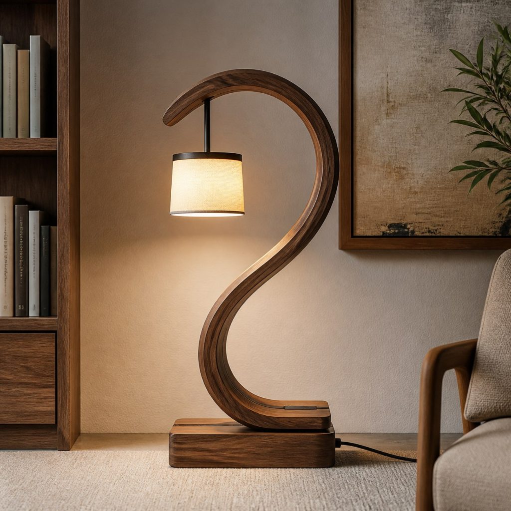 Laminated Walnut S-Curve Lamp shown as a square photorealistic original sculptural bentwood lamp with warm LED light and visible real wood grain