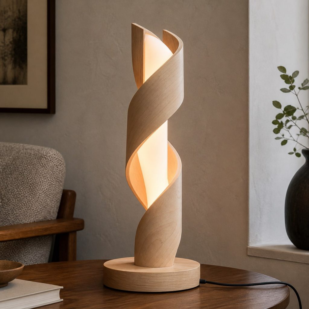 Twisted Maple Ribbon Lamp shown as a square photorealistic original sculptural bentwood lamp with warm LED light and visible real wood grain