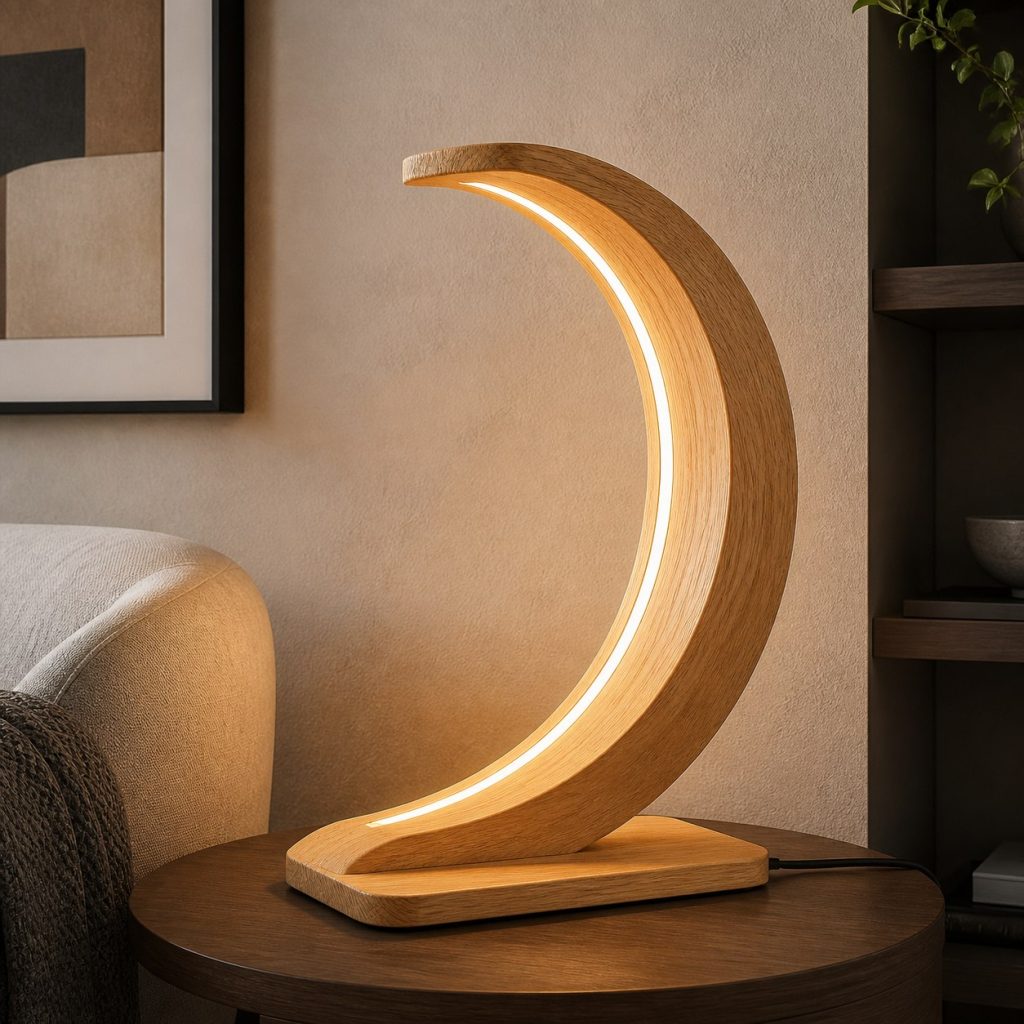 Oak Crescent LED Lamp shown as a square photorealistic original sculptural bentwood lamp with warm LED light and visible real wood grain