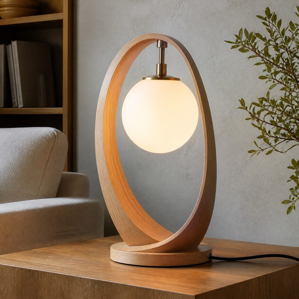 Asymmetric Beech Oval Lamp shown as a square photorealistic original sculptural bentwood lamp with warm LED light and visible real wood grain