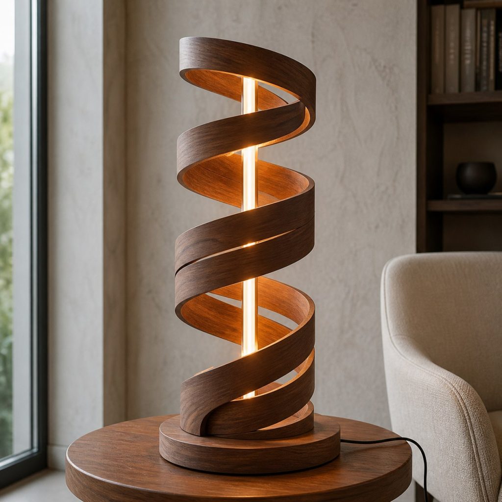 Open Walnut Helix Lamp shown as a square photorealistic original sculptural bentwood lamp with warm LED light and visible real wood grain