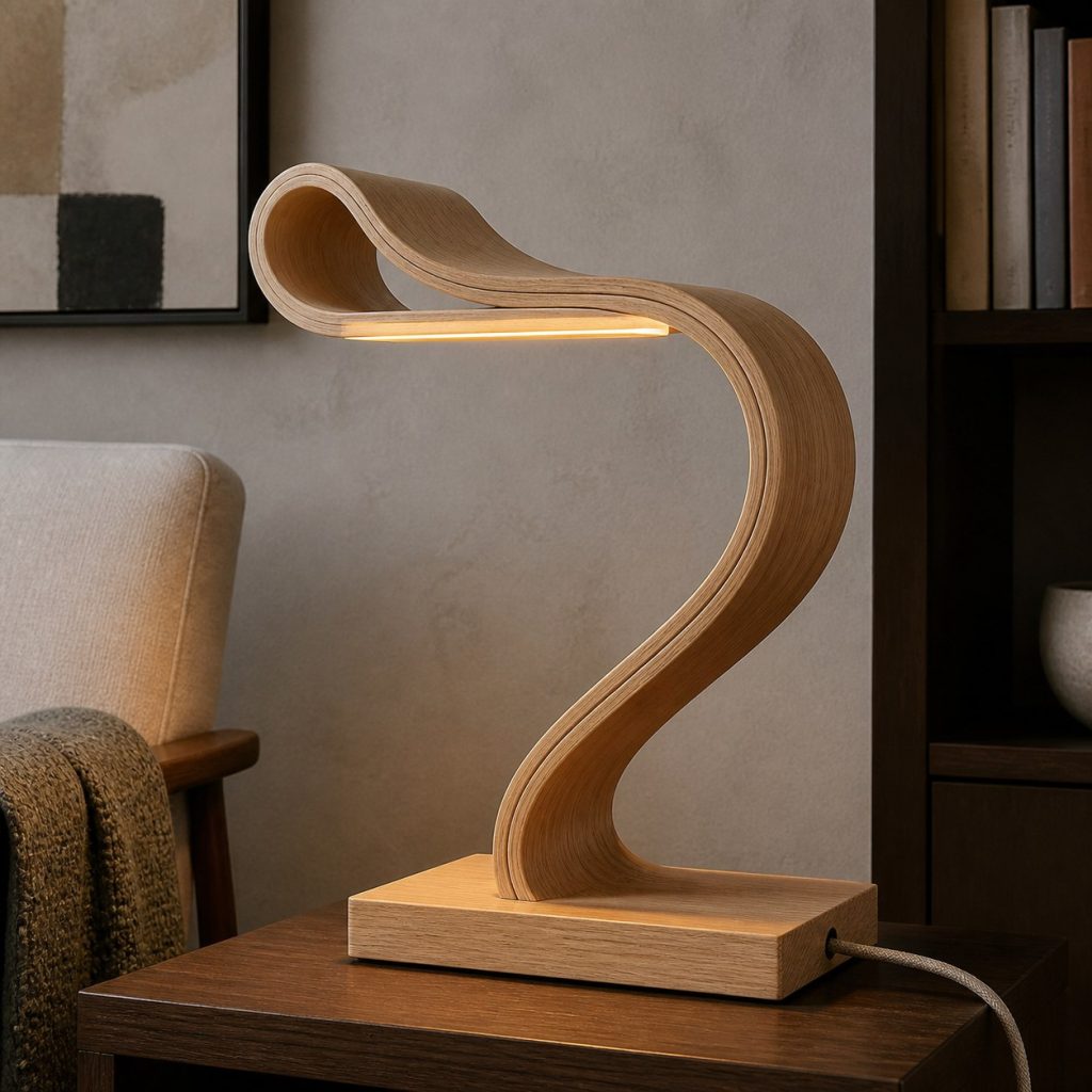 Folded Plywood Wave Lamp shown as a square photorealistic original sculptural bentwood lamp with warm LED light and visible real wood grain