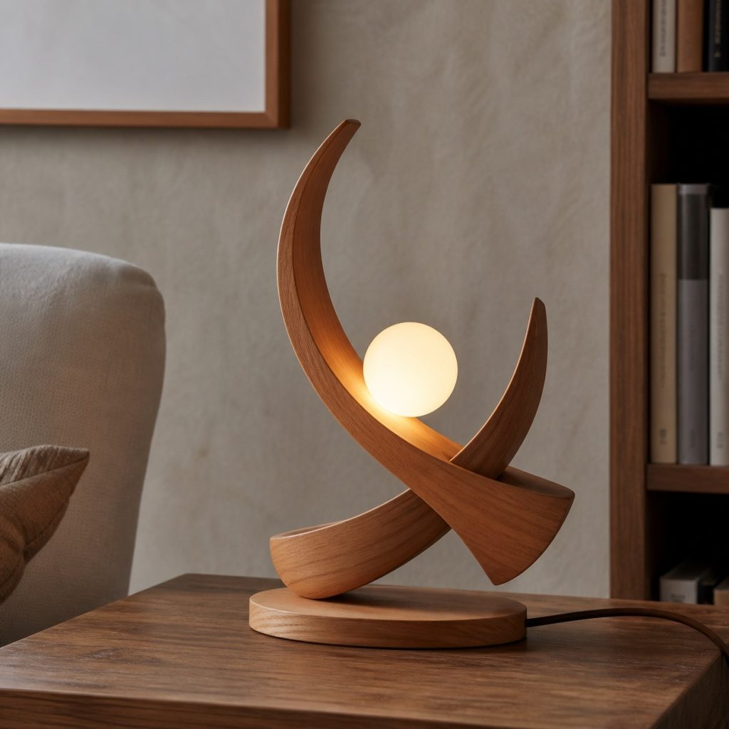 Interlocking Cherry Crescent Lamp shown as a square photorealistic original sculptural bentwood lamp with warm LED light and visible real wood grain