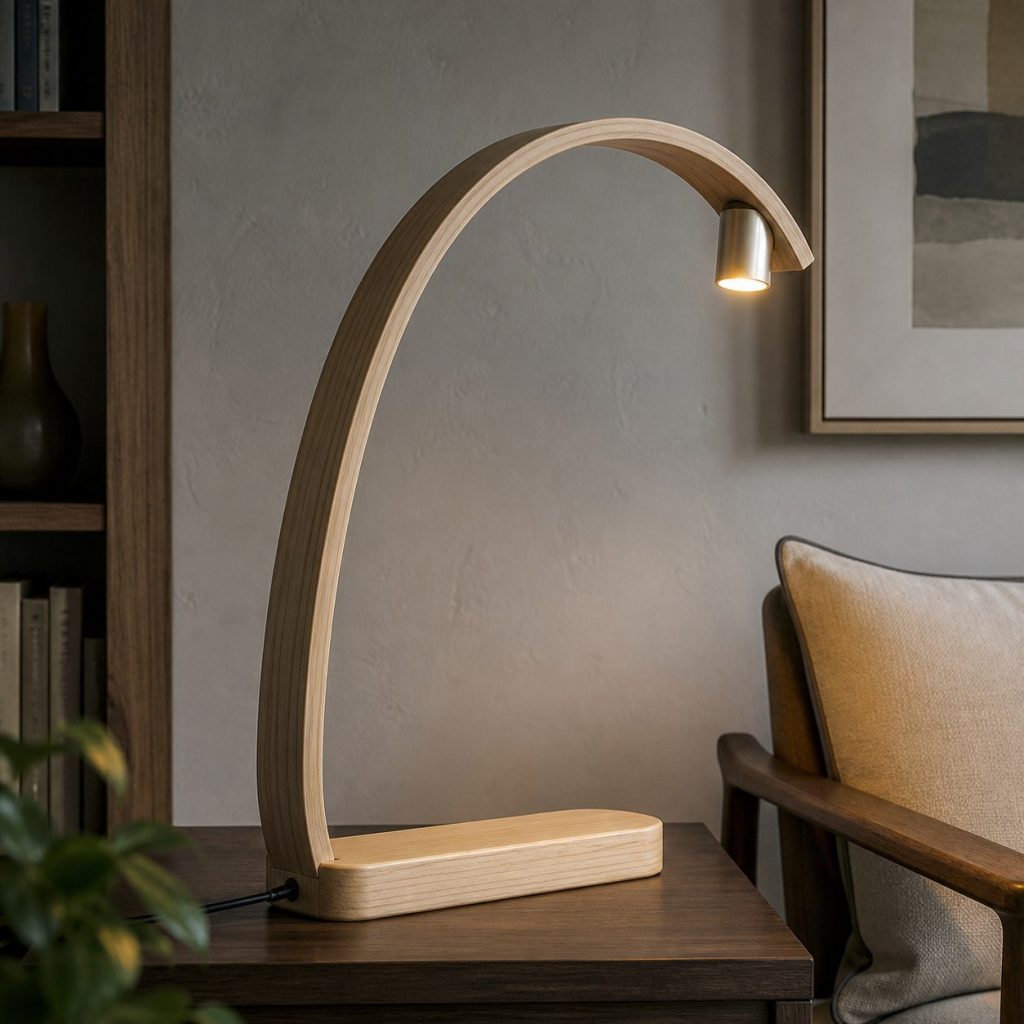Bent Ash Bow Task Lamp shown as a square photorealistic original sculptural bentwood lamp with warm LED light and visible real wood grain