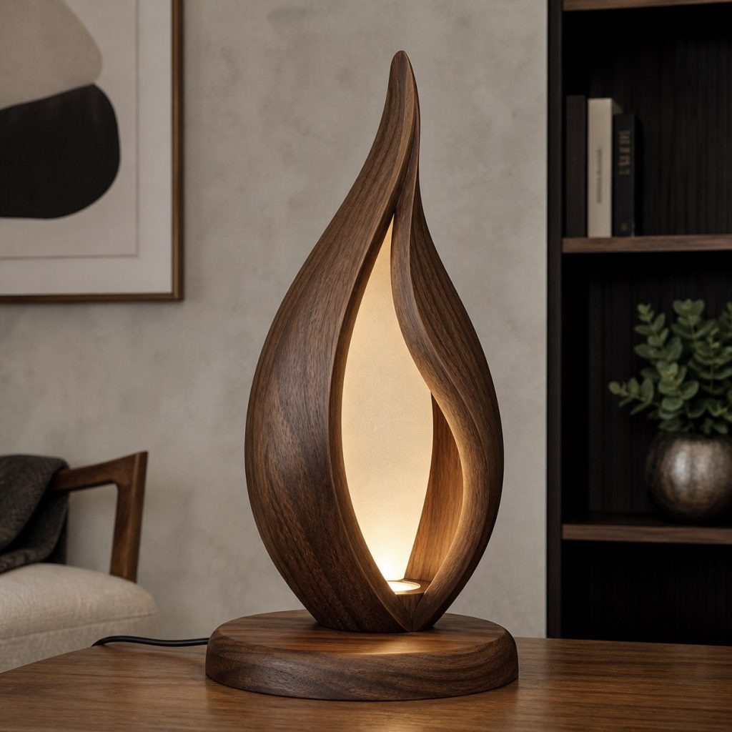 Carved Walnut Flame Lamp shown as a square photorealistic original sculptural bentwood lamp with warm LED light and visible real wood grain