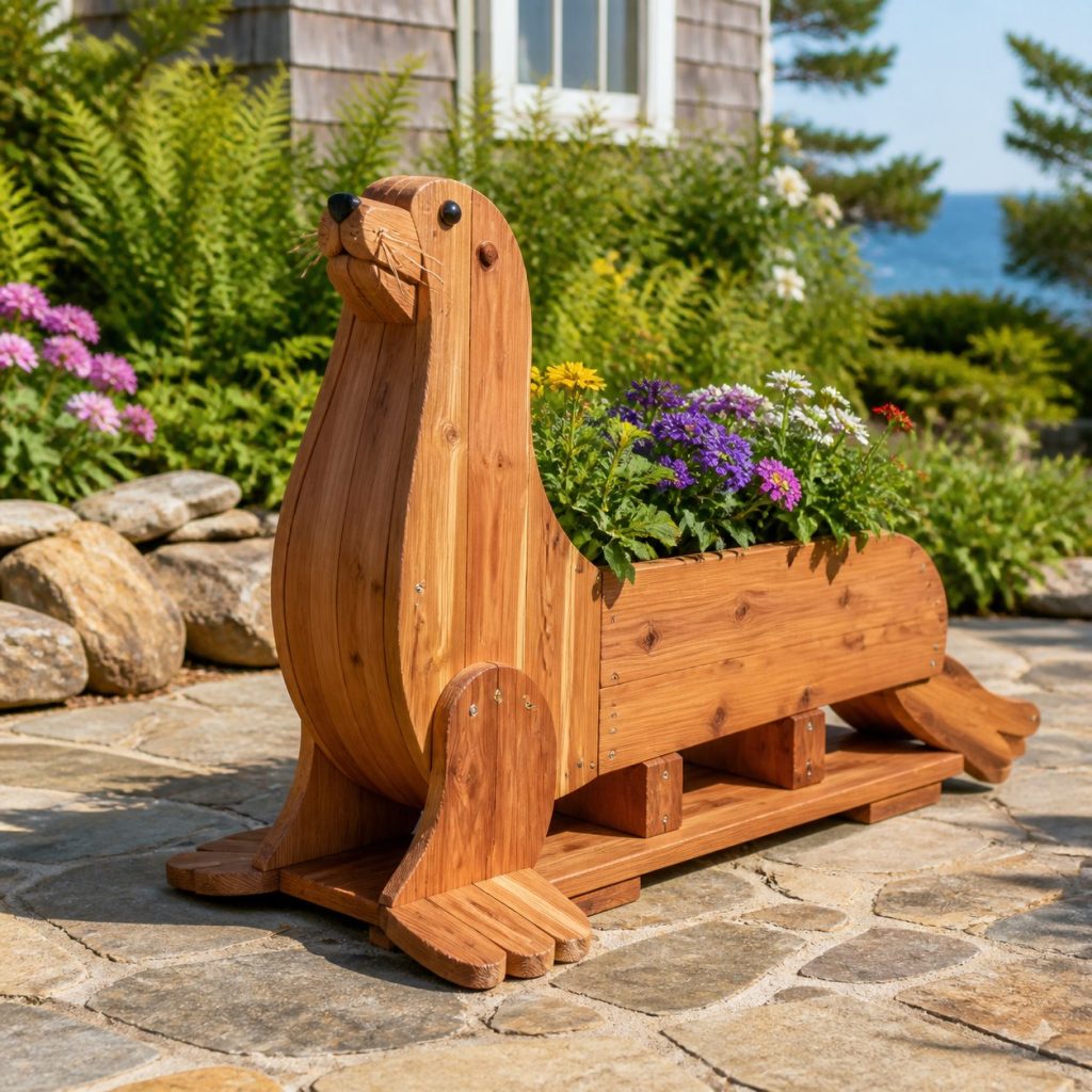Classic Upright Cedar Sea Lion shown as a square photorealistic cedar sea lion-shaped garden planter filled with flowers