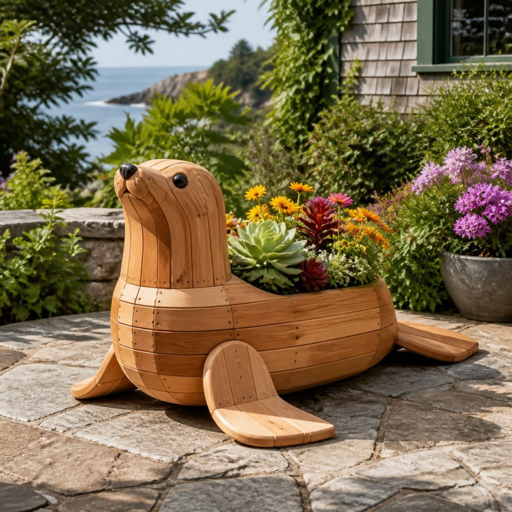 Compact Resting Sea Lion shown as a square photorealistic cedar sea lion-shaped garden planter filled with flowers