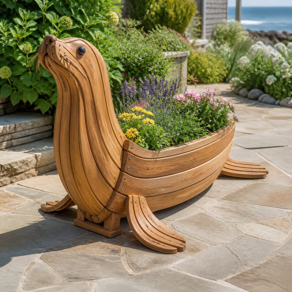 Slatted Herb-Trough Sea Lion shown as a square photorealistic cedar sea lion-shaped garden planter filled with flowers