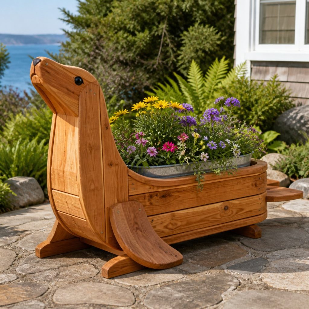 Sea Lion with Galvanized Liner shown as a square photorealistic cedar sea lion-shaped garden planter filled with flowers