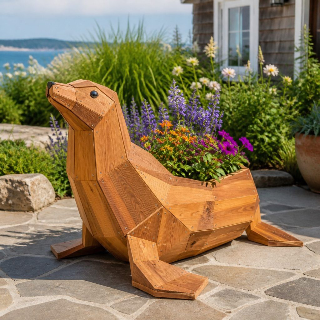 Modern Geometric Sea Lion shown as a square photorealistic cedar sea lion-shaped garden planter filled with flowers