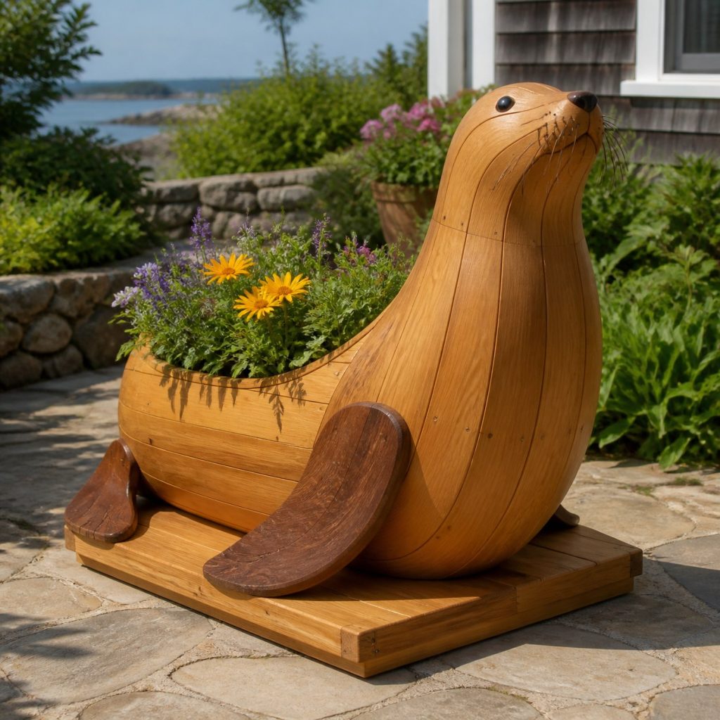 Two-Tone Cedar Sea Lion shown as a square photorealistic cedar sea lion-shaped garden planter filled with flowers