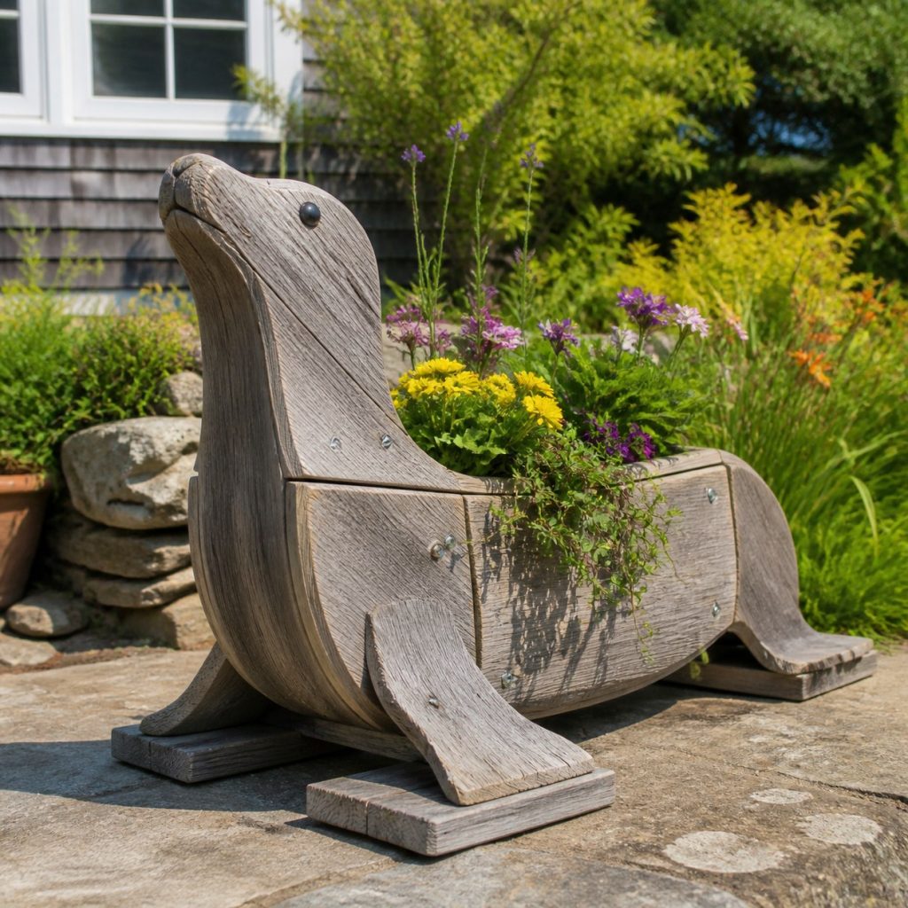 Weathered Cottage Sea Lion shown as a square photorealistic cedar sea lion-shaped garden planter filled with flowers
