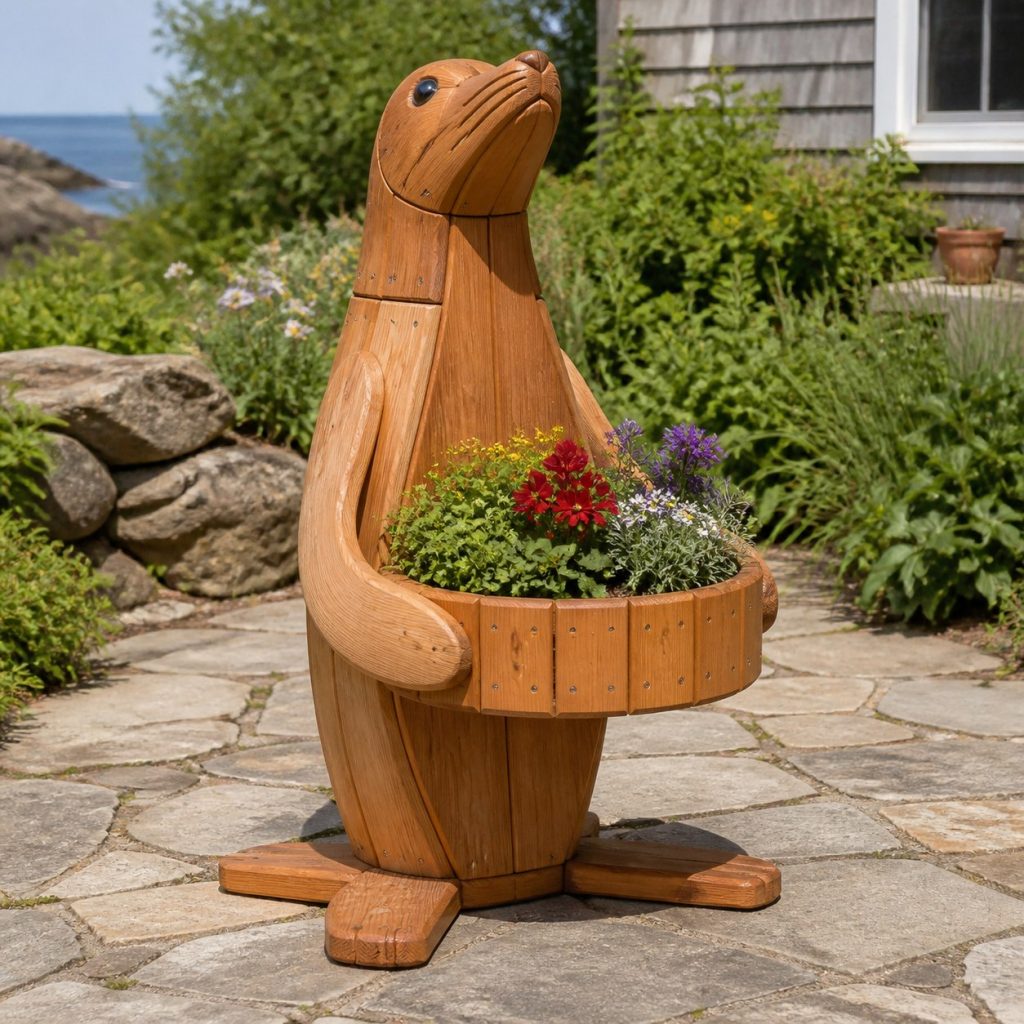 Upright Sea Lion Pot Holder shown as a square photorealistic cedar sea lion-shaped garden planter filled with flowers