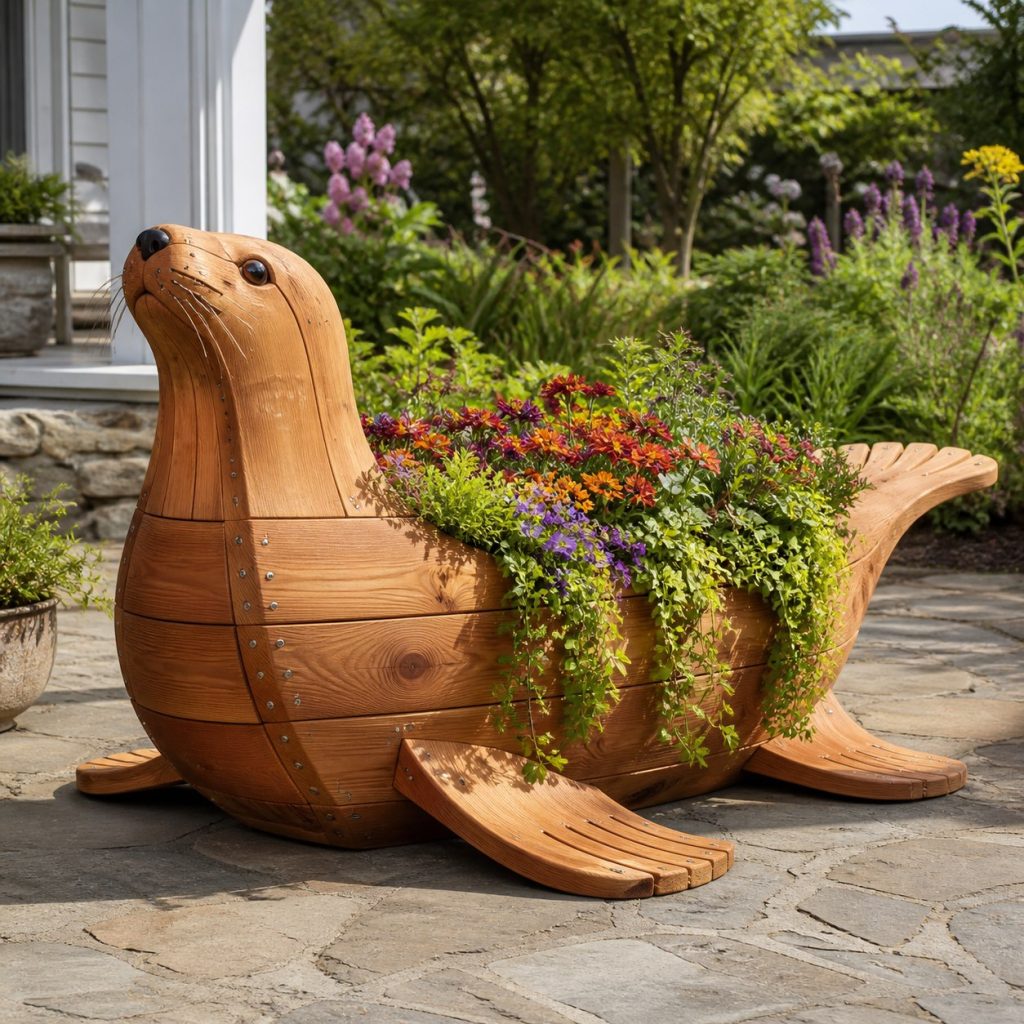 Trailing-Flower Sea Lion shown as a square photorealistic cedar sea lion-shaped garden planter filled with flowers