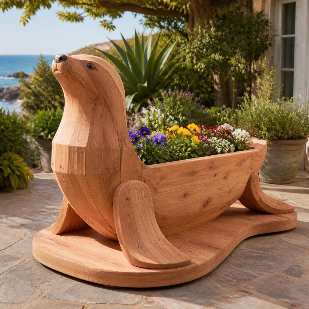 Large Grass-Filled Sea Lion shown as a square photorealistic cedar sea lion-shaped garden planter filled with flowers