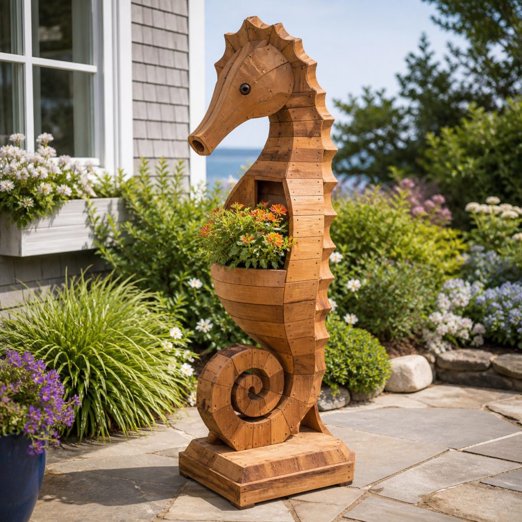 Classic Coiled-Tail Seahorse shown as a square photorealistic cedar garden planter filled with cottage flowers