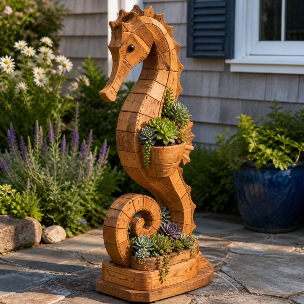 Compact Seahorse Succulent Pot shown as a square photorealistic cedar garden planter filled with cottage flowers