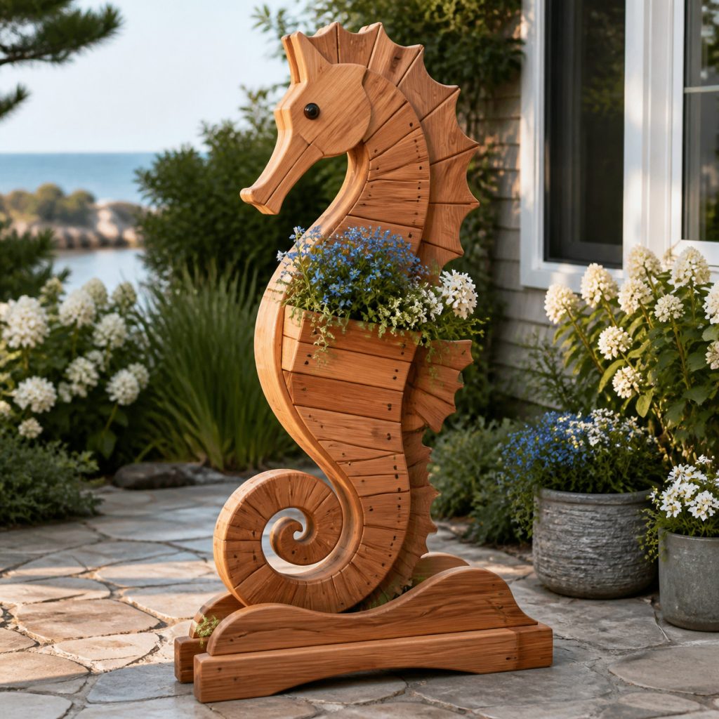 Seahorse on a Wave Base shown as a square photorealistic cedar garden planter filled with cottage flowers