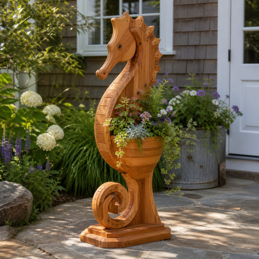 Layered-Profile Cedar Seahorse shown as a square photorealistic cedar garden planter filled with cottage flowers